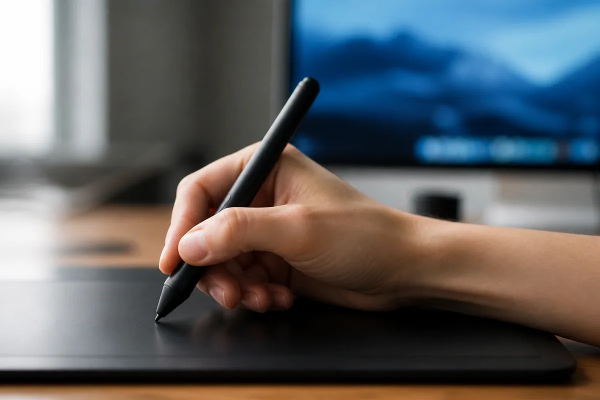 Main tenant un stylet au-dessus d&rsquo;une tablette graphique, écran d&rsquo;édition flou en arrière-plan
