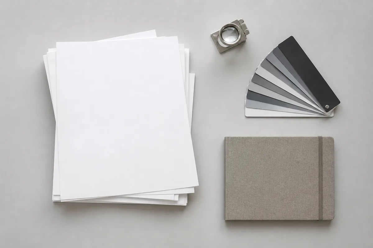 Bureau vu de dessus avec tirages photo empilés face cachée, loupe de typographe et nuancier gris