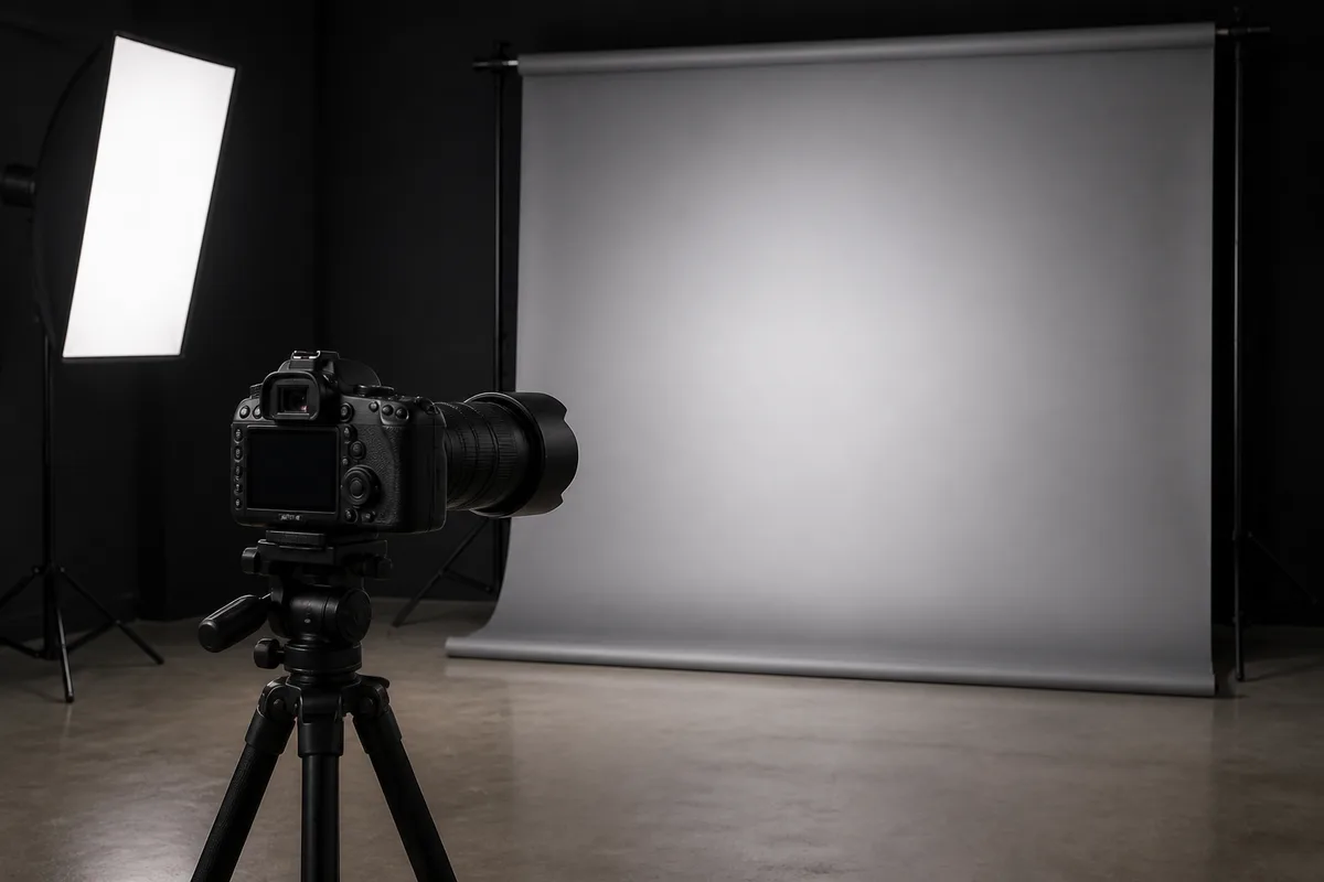 Appareil photo sur trépied équipé d&rsquo;un téléobjectif face à un fond de studio gris et une softbox