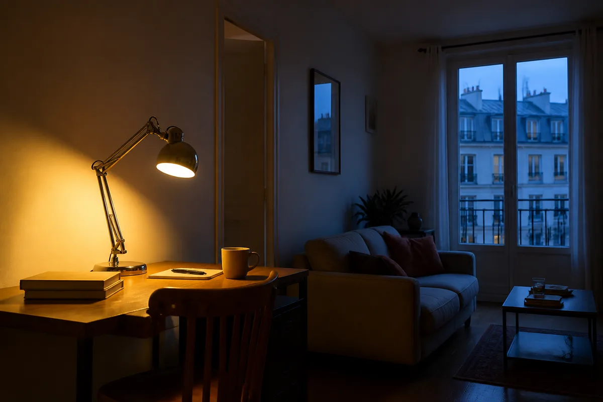 Lampe de bureau à ampoule chaude diffusant un halo orangé sur un mur clair