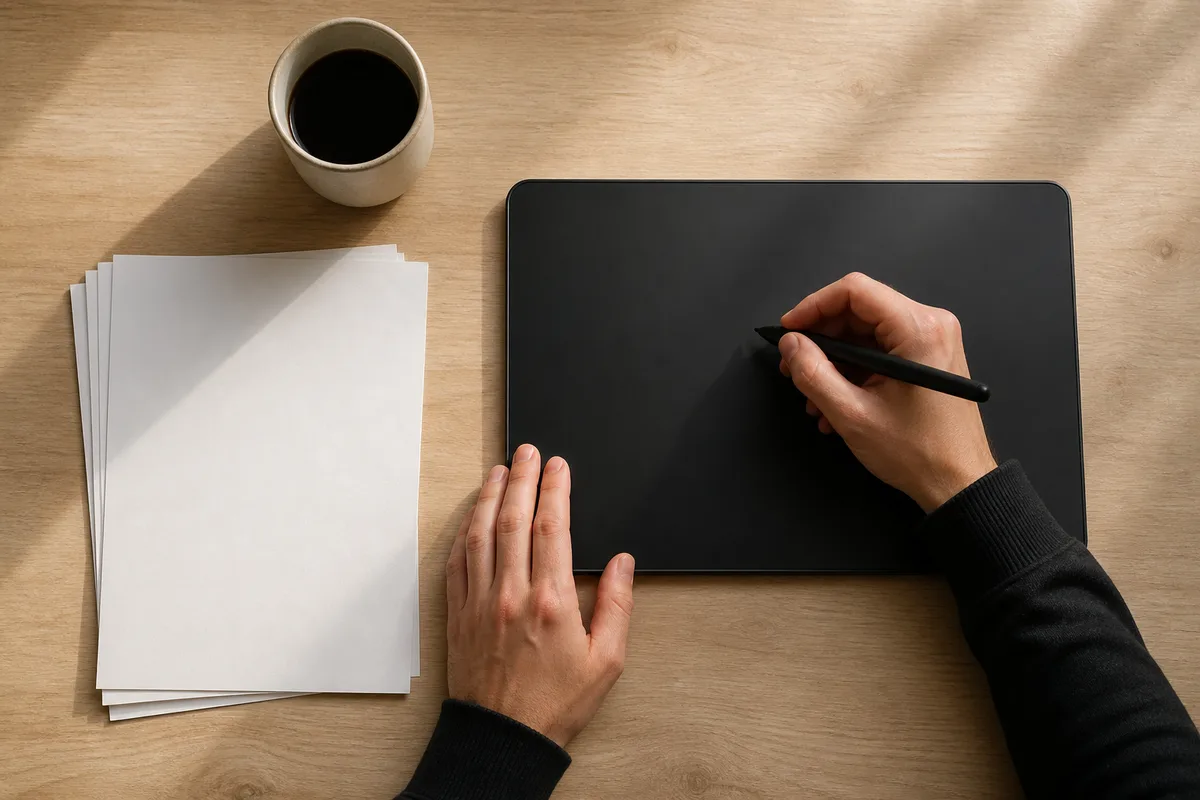 Tablette graphique et stylet tenus au-dessus d’un bureau en bois clair