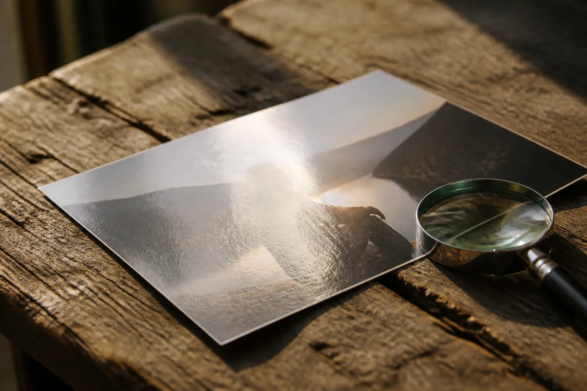 Tirage papier d’un portrait posé sur une table en bois près d’une loupe