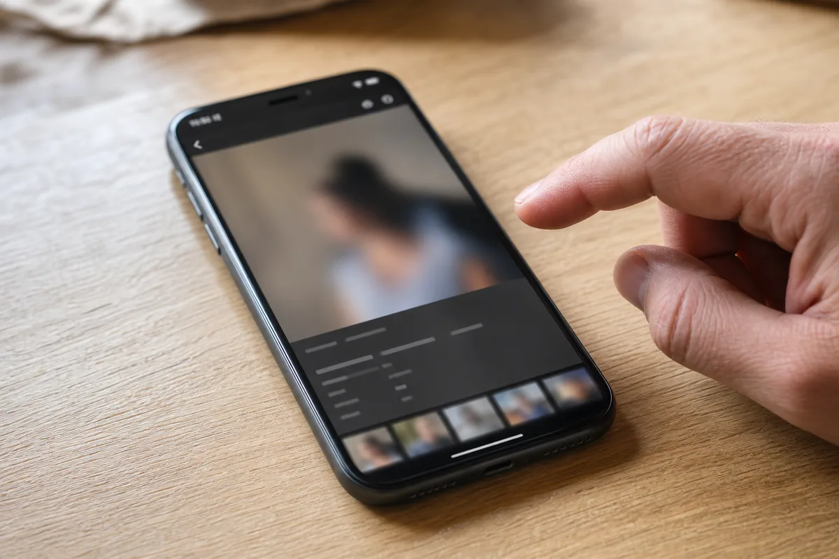 Smartphone posé sur une table en bois, écran de galerie photo affichant une fiche technique