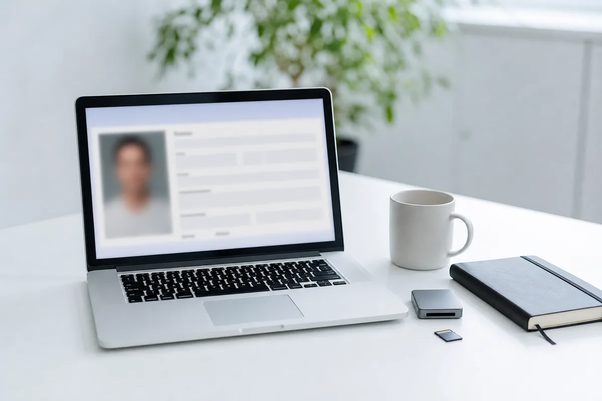Écran d’ordinateur portable montrant une fenêtre de propriétés de fichier image, bureau clair