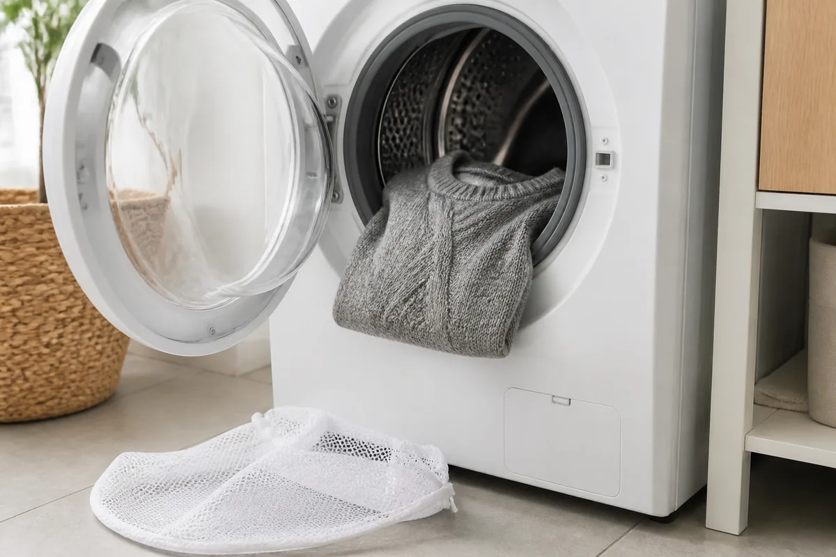Tambour de lave-linge ouvert avec un pull en laine plié et un filet de lavage posé devant, buanderie claire