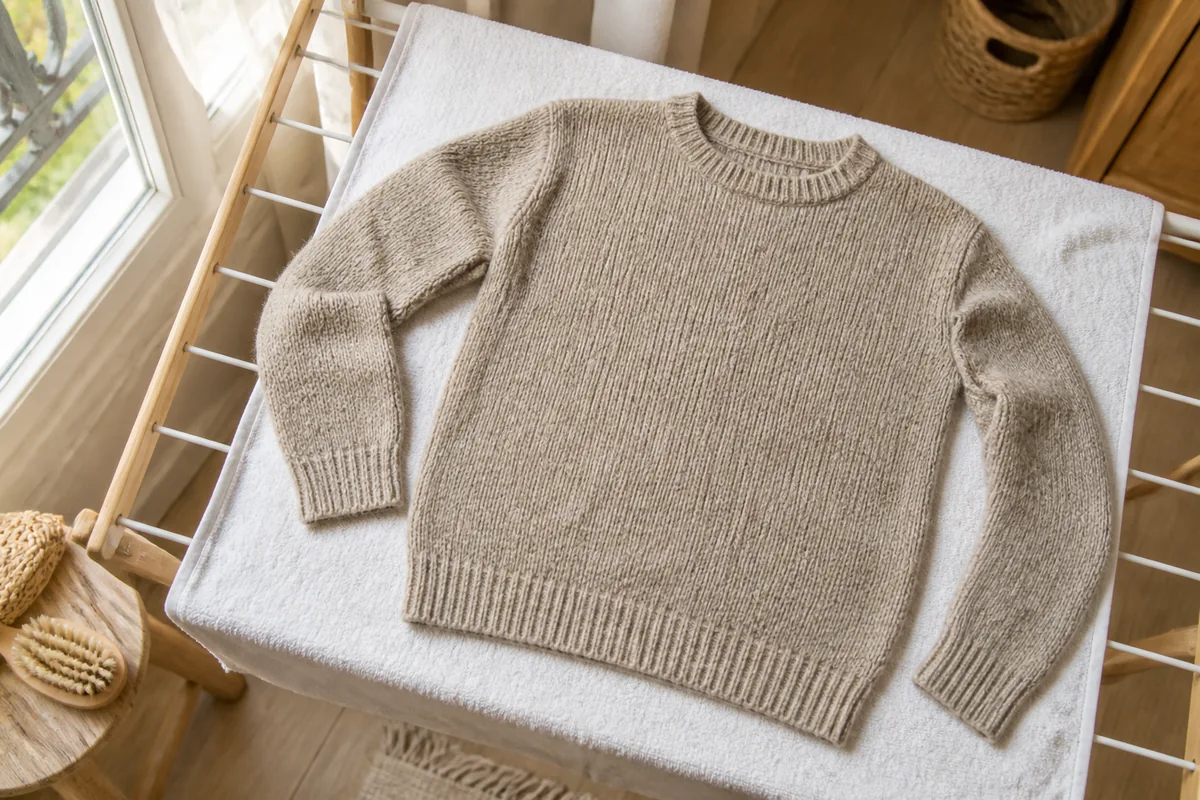 Pull en laine séché à plat sur une serviette éponge blanche près d&rsquo;une fenêtre lumineuse