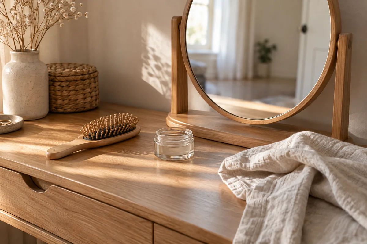 Miroir rond posé sur une coiffeuse en bois avec une brosse et un pot en verre, reflet flou de la pièce