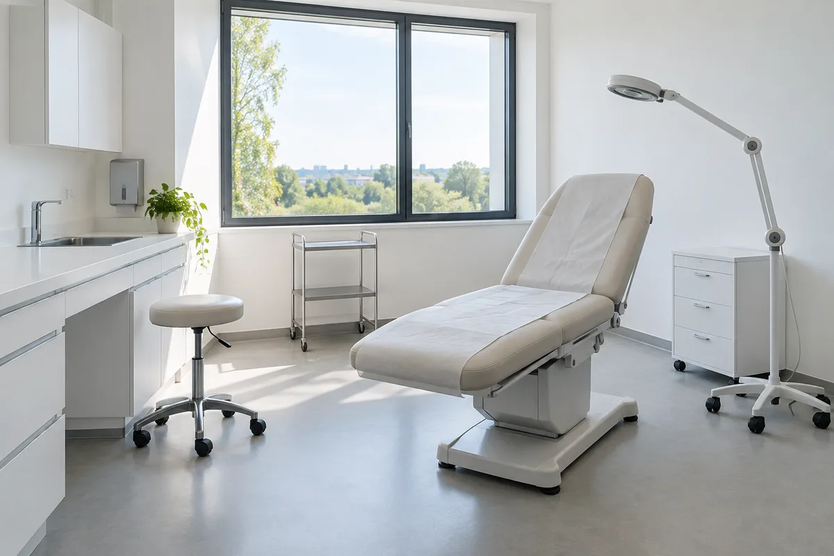 Cabinet de médecine esthétique vide et lumineux, fauteuil d’examen clair et plan de travail dégagé