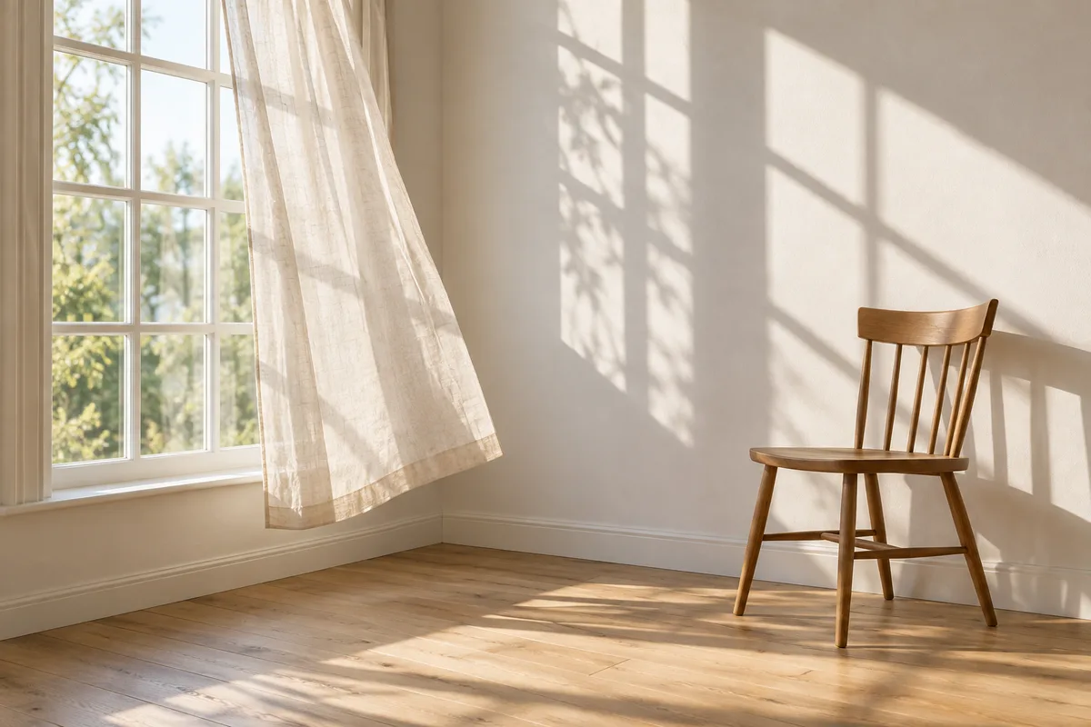 Fenêtre habillée d’un rideau de lin clair et chaise en bois dans une pièce vide baignée de lumière