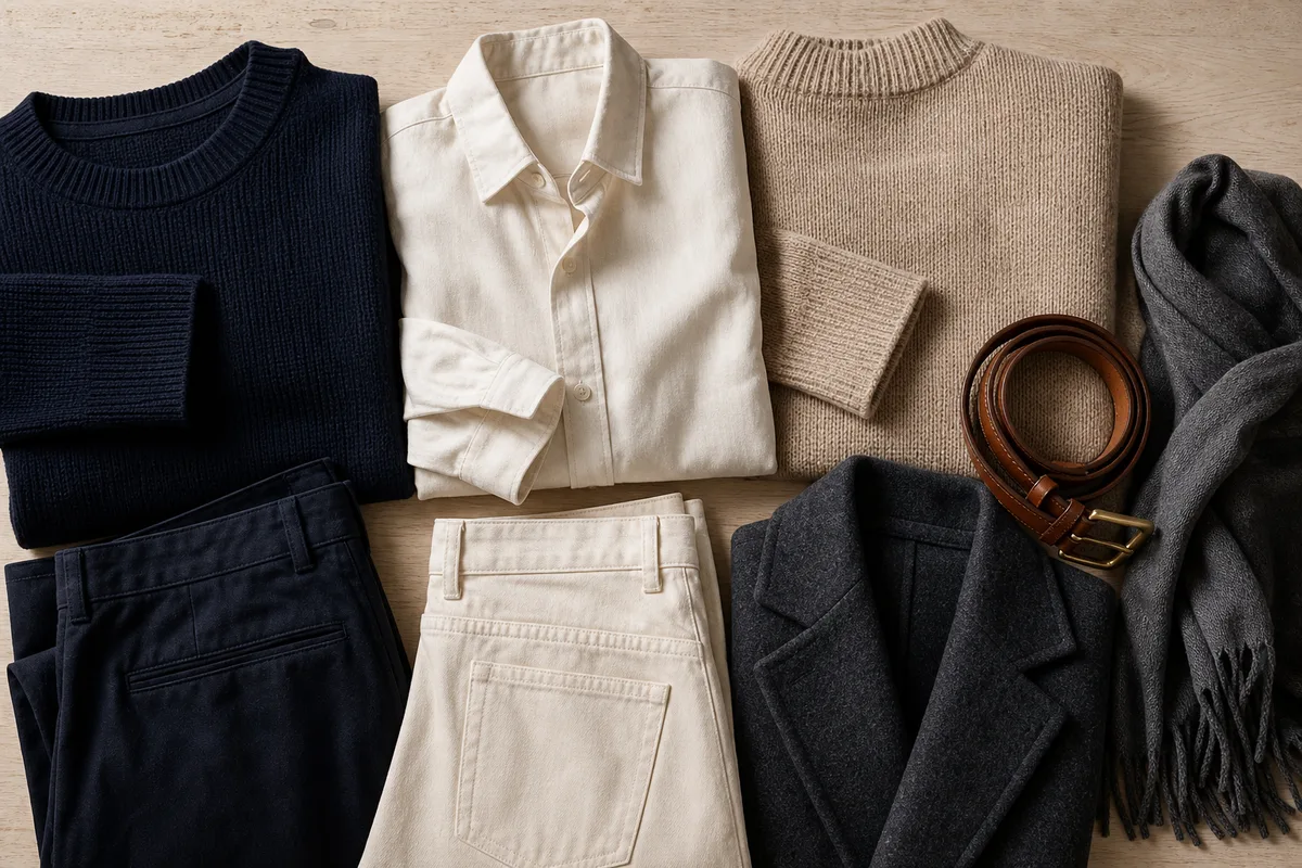 Nuancier de vêtements en tons neutres, marine, écru et beige posés côte à côte sur une table