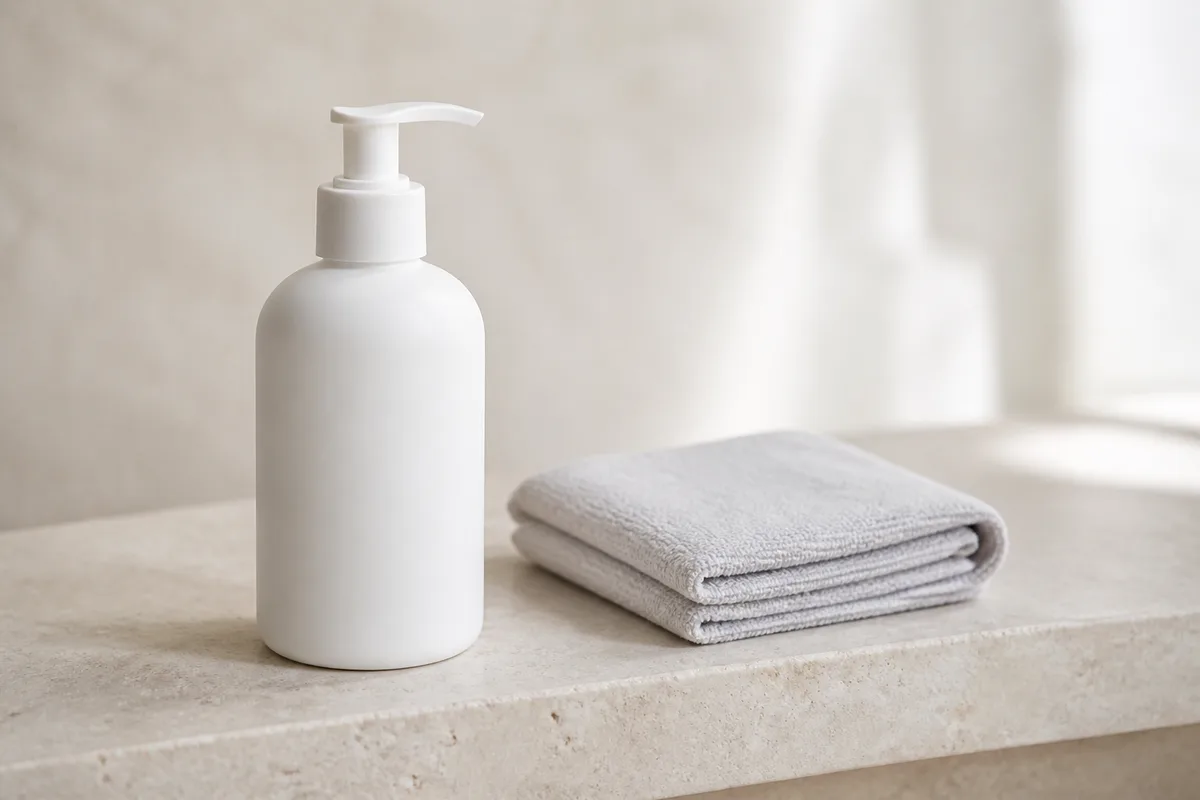 Flacon pompe blanc mat et petite serviette en coton pliée sur une tablette de lavabo claire