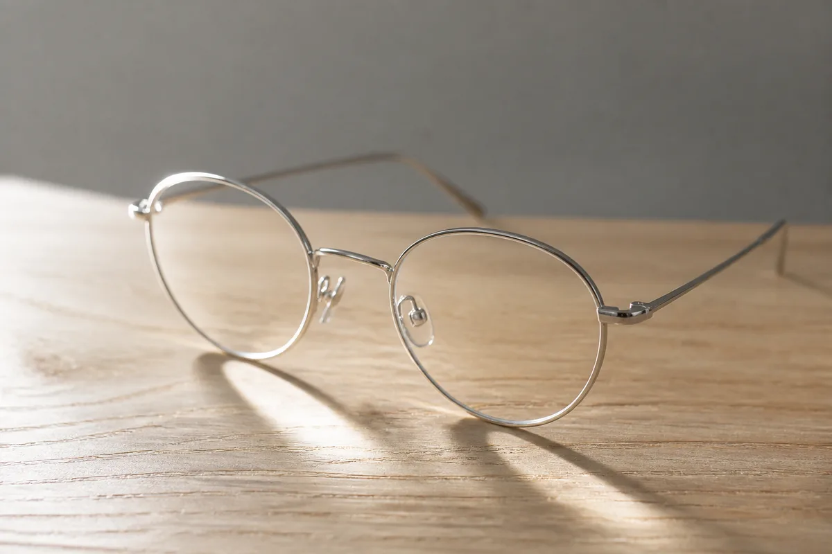 Paire de lunettes à monture fine posée sur un plan de travail en bois clair, lumière latérale douce