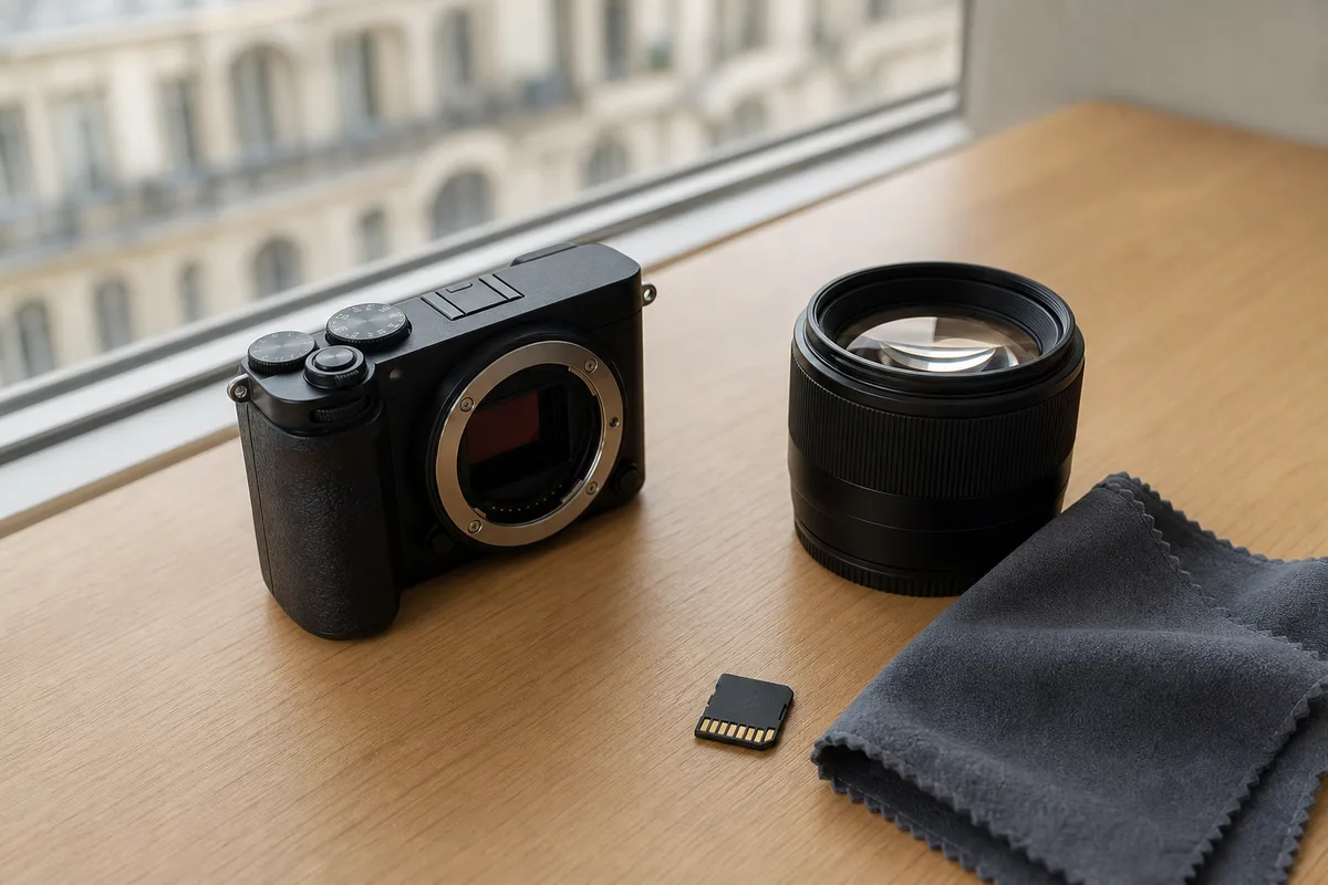 Boîtier photo et objectif posés près d’une fenêtre dans un bureau clair