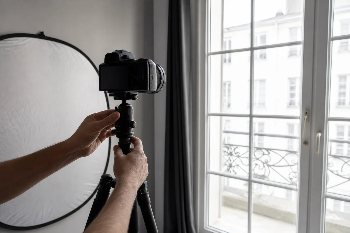 Mains ajustant un trépied face à une grande fenêtre, lumière naturelle