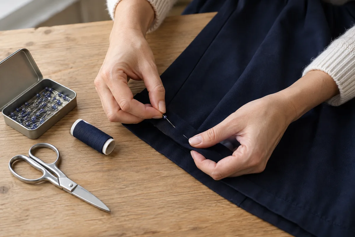 Mains épinglant l&rsquo;ourlet d&rsquo;une robe unie posée à plat sur une table de couture en bois clair