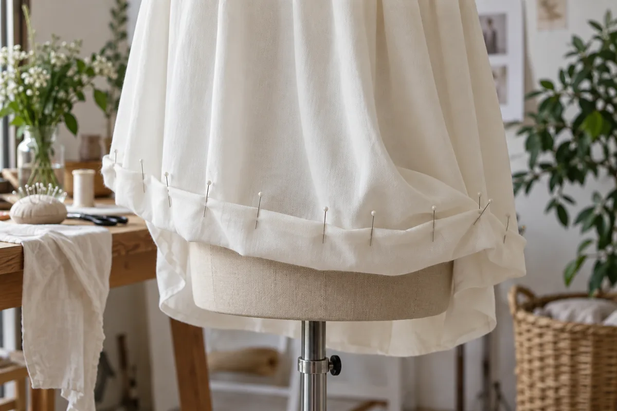 Bas d&rsquo;une robe fluide relevé et maintenu par des épingles sur un mannequin de couture sans tête, atelier lumineux