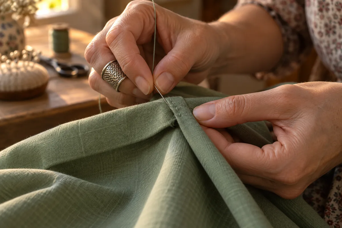 Mains cousant à la main l&rsquo;ourlet d&rsquo;une robe unie, aiguille et fil assorti, gros plan sur le tissu