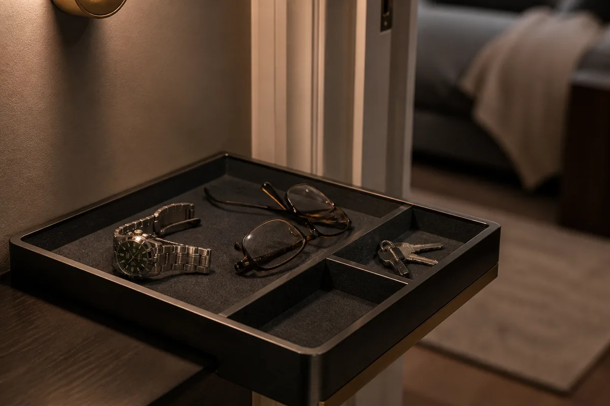 Plateau à rebord garni de feutrine posé près d&rsquo;une porte de chambre, montre et lunettes déposées