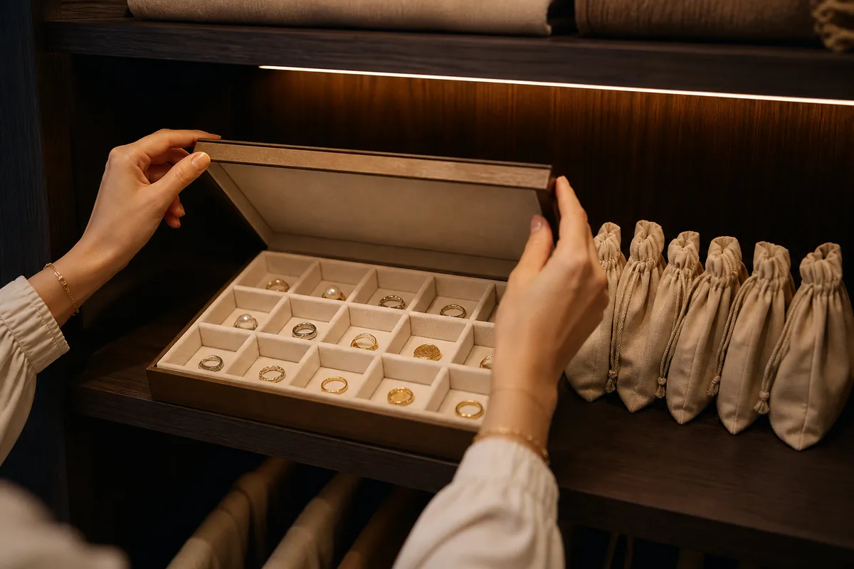 Boîte compartimentée doublée de tissu ouverte sur une étagère de dressing, pochons de coton alignés