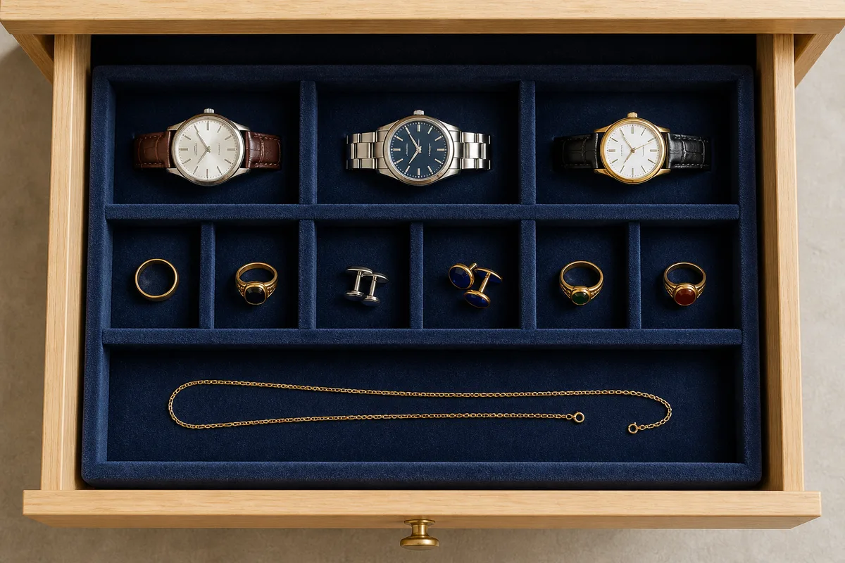 Tiroir plat de commode à cases doublées de velours, montres posées à plat et bagues séparées