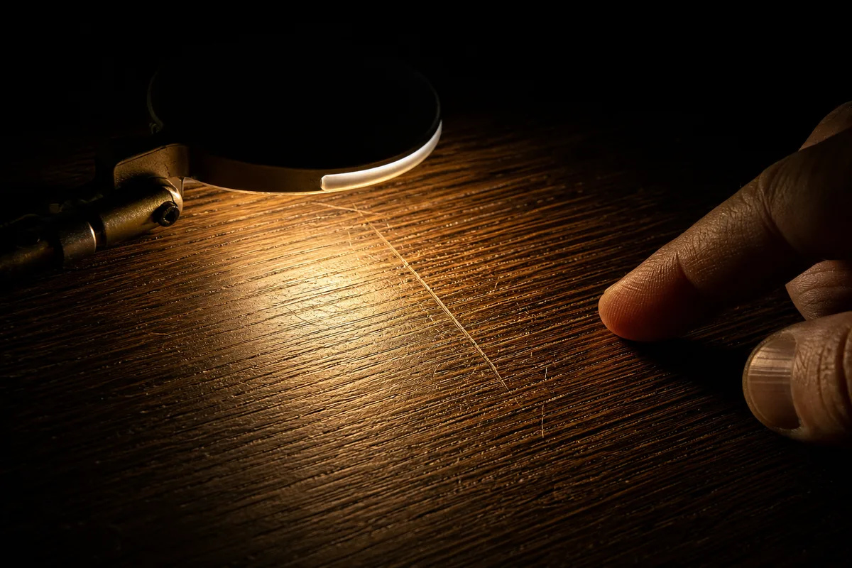 Plateau de table en chêne éclairé en lumière rasante révélant une rayure fine