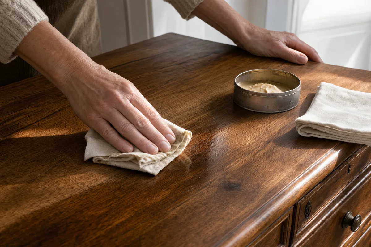 Application d’une cire en pâte au chiffon doux sur un plateau de commode ancienne