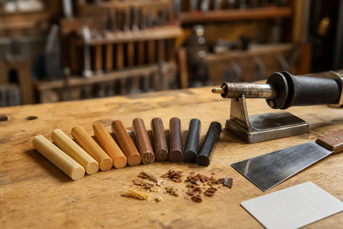 Bâtonnets de cire à retoucher et fer à reboucher posés sur un établi d’atelier