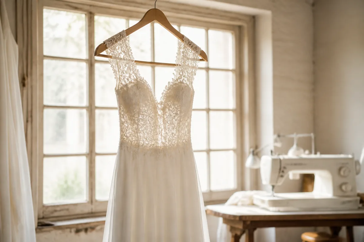 Robe de mariée blanche suspendue sur un cintre en bois devant une fenêtre, atelier de couture en arrière-plan