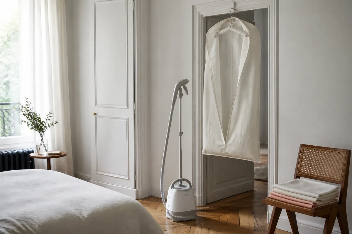 Housse en coton blanc et cintre rembourré posés près d’un défroisseur vapeur dans une chambre lumineuse