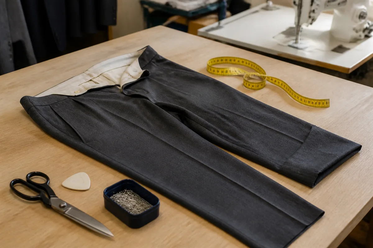 Atelier de couture avec pantalon de costume gris posé sur une table de coupe et mètre ruban
