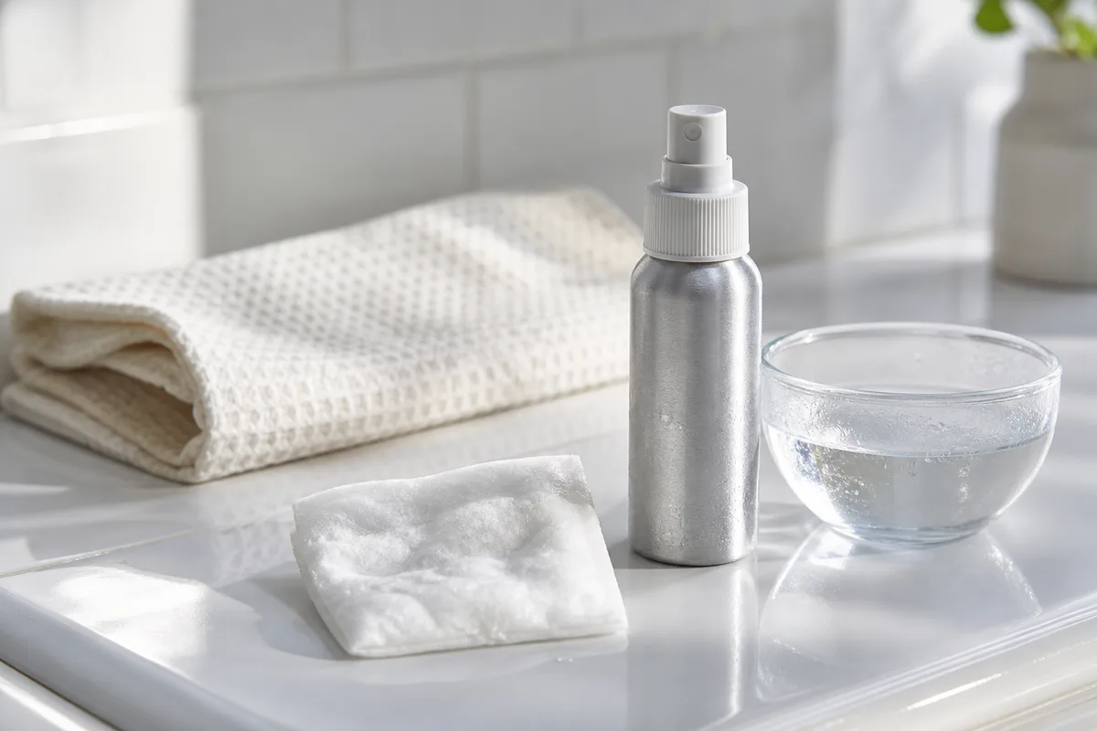 Compresse de coton blanc et flacon d’eau thermale posés sur une tablette de salle de bain, lumière douce